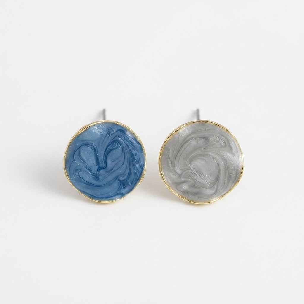 Blue & White Marble Swirl Round Stud Earrings for Women | Gold Framed Abstract Earrings - ZI FASHION