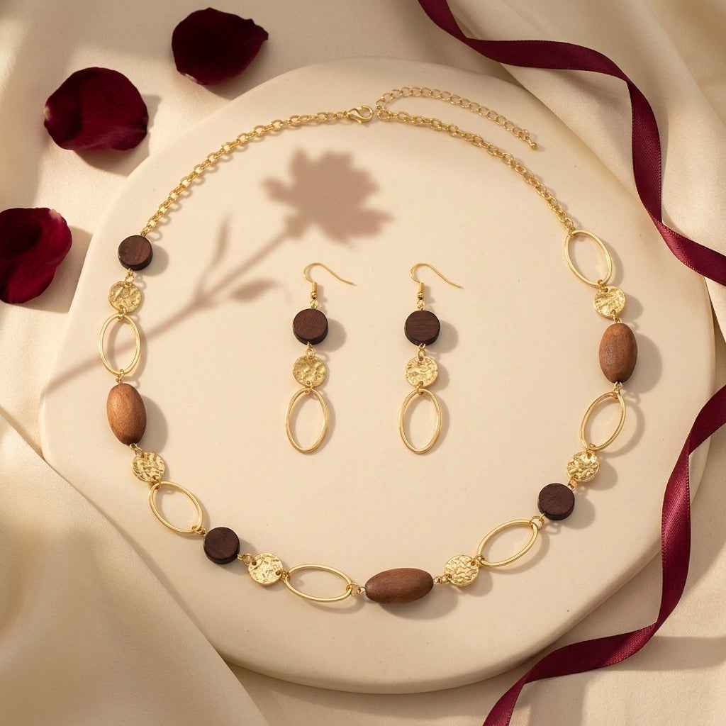 Boho Luxe Wooden Bead Necklace & Earrings Set - ZI FASHION