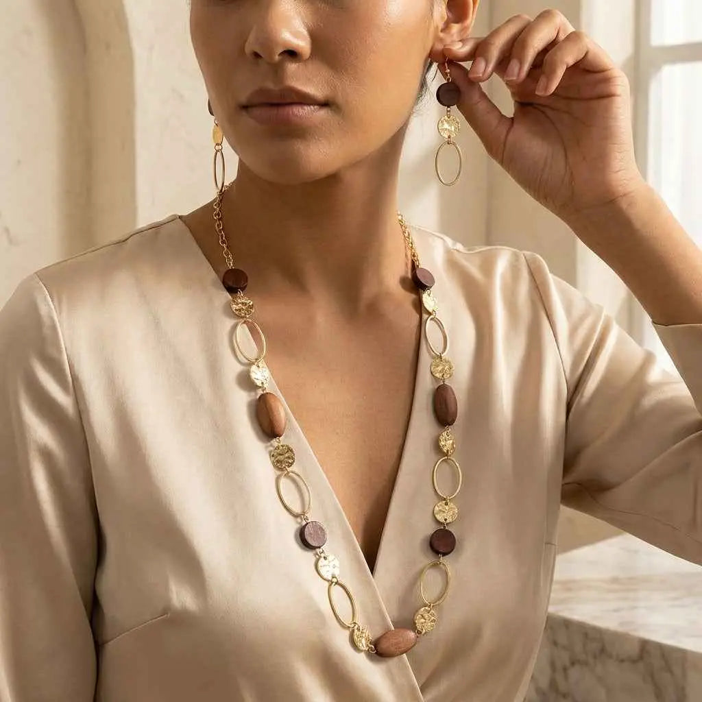 Boho Luxe Wooden Bead Necklace & Earrings Set - ZI FASHION