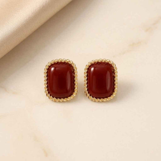 Burgundy & Gold Square Pearl Stud Earrings | Elegant Vintage Statement Earrings for Women - ZI FASHION