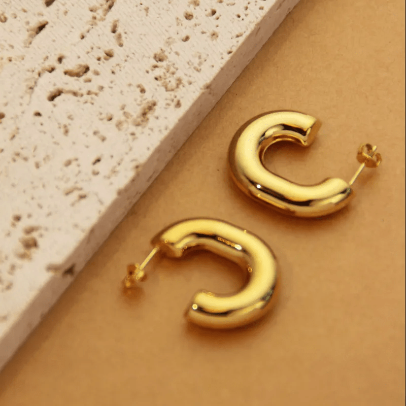 Chunky Gold Hoop Earrings | 18K PVD Gold Plated Stainless Steel C - Shape Hoops - ZI FASHION