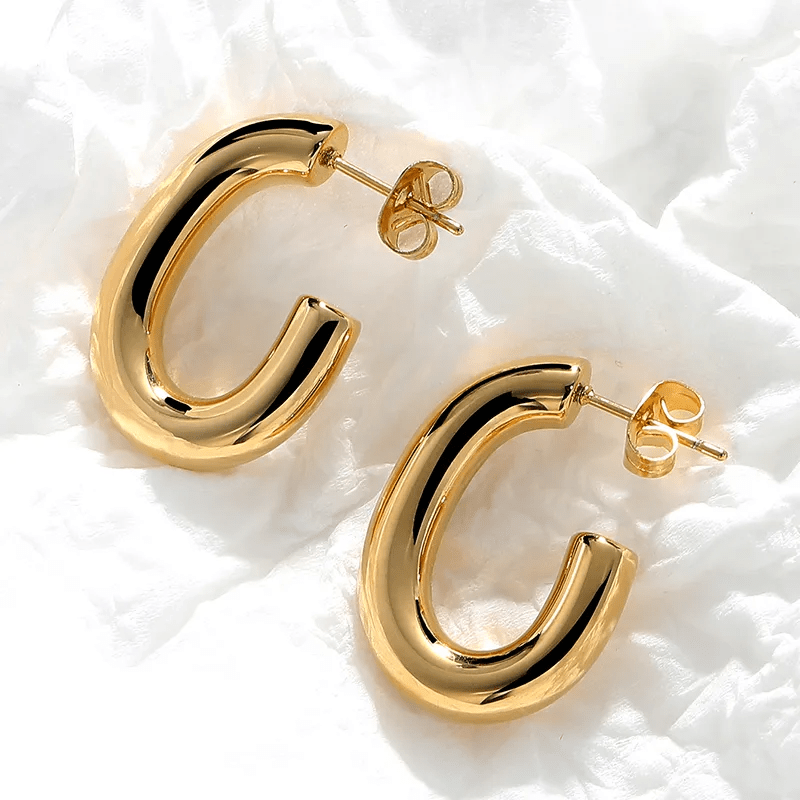Chunky Gold Hoop Earrings | 18K PVD Gold Plated Stainless Steel C - Shape Hoops - ZI FASHION