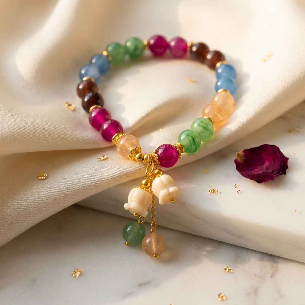 Colorful Tourmaline Charm Bracelet with Jade Bell Pendant - Crystal Bead Lily Flower Design - ZI FASHION