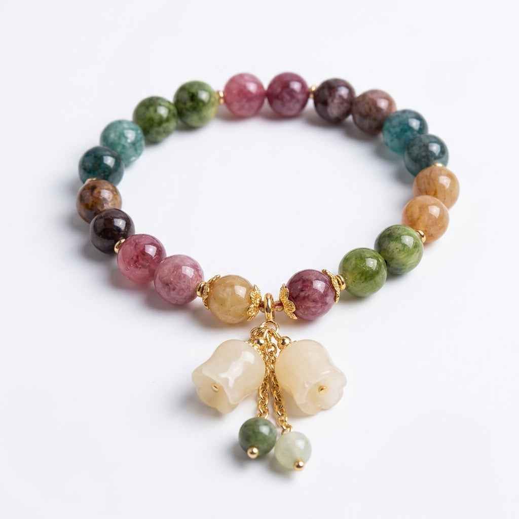 Colorful Tourmaline Charm Bracelet with Jade Bell Pendant - Crystal Bead Lily Flower Design - ZI FASHION