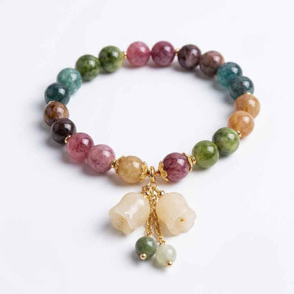 Colorful Tourmaline Charm Bracelet with Jade Bell Pendant - Crystal Bead Lily Flower Design - ZI FASHION