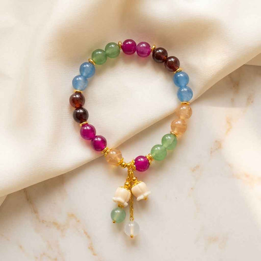 Colorful Tourmaline Charm Bracelet with Jade Bell Pendant - Crystal Bead Lily Flower Design - ZI FASHION
