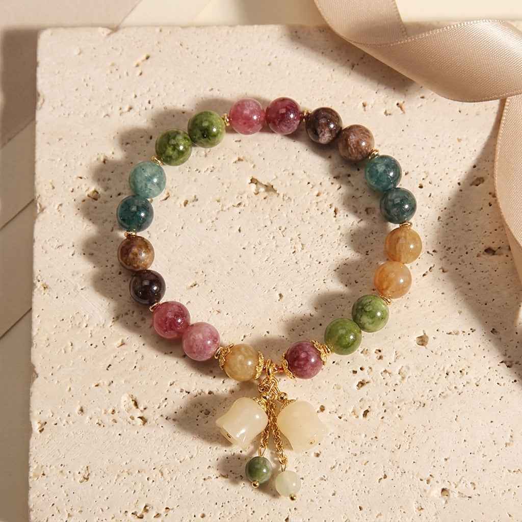 Colorful Tourmaline Charm Bracelet with Jade Bell Pendant - Crystal Bead Lily Flower Design - ZI FASHION