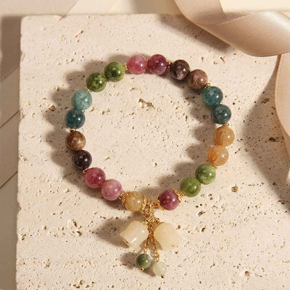 Colorful Tourmaline Charm Bracelet with Jade Bell Pendant - Crystal Bead Lily Flower Design - ZI FASHION