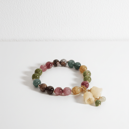 Colorful Tourmaline Charm Bracelet with Jade Bell Pendant - Crystal Bead Lily Flower Design - ZI FASHION