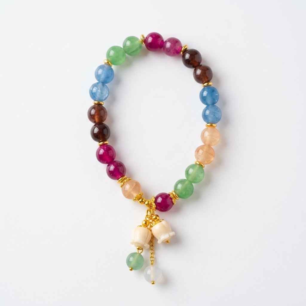 Colorful Tourmaline Charm Bracelet with Jade Bell Pendant - Crystal Bead Lily Flower Design - ZI FASHION