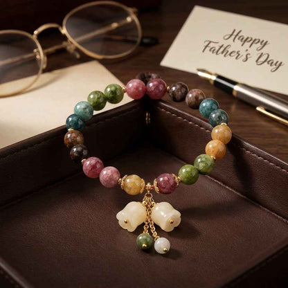 Colorful Tourmaline Charm Bracelet with Jade Bell Pendant - Crystal Bead Lily Flower Design - ZI FASHION