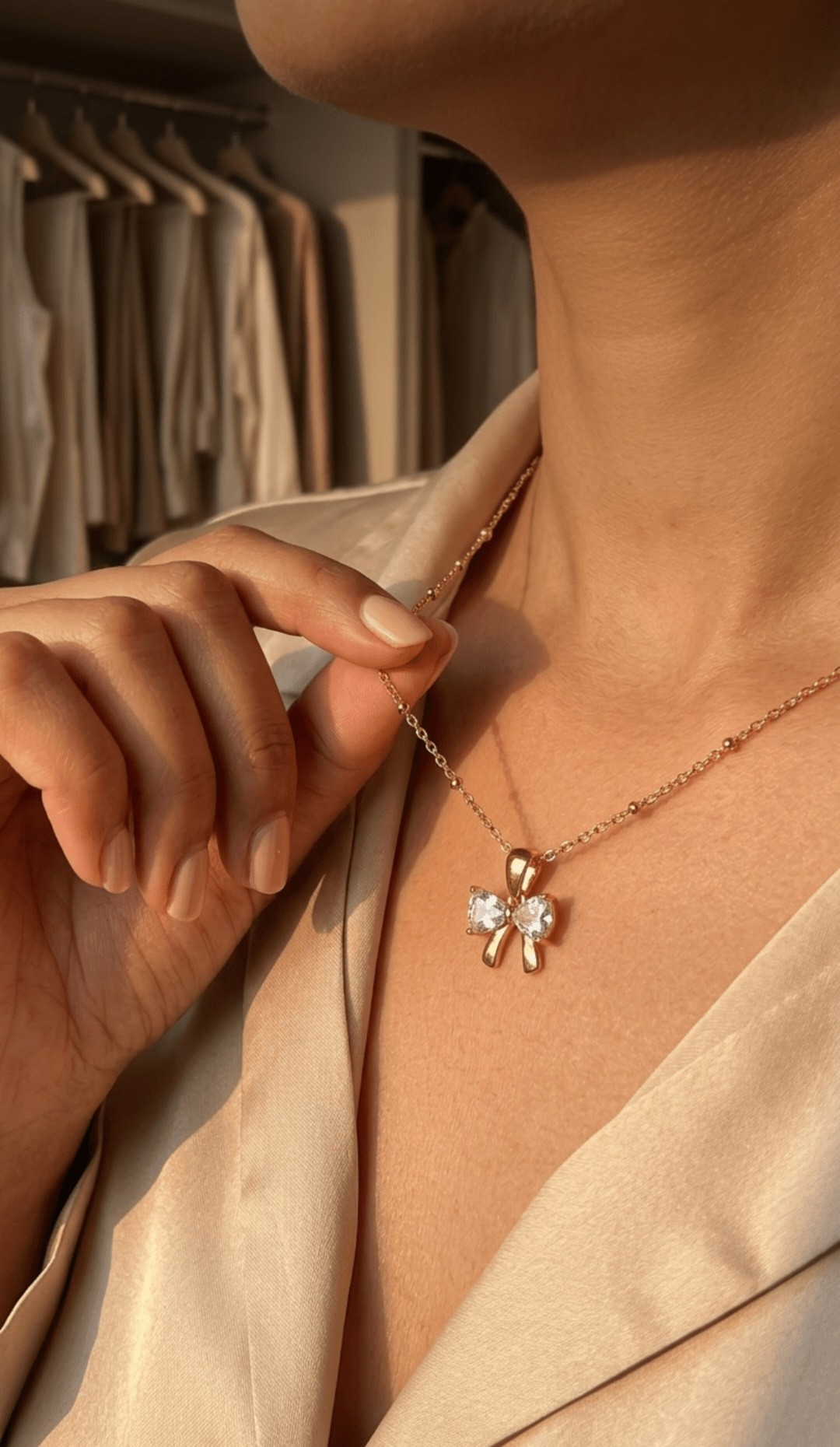 Crystal Bow Pendant Necklace | 18K PVD Gold - Plated Stainless Steel - ZI FASHION