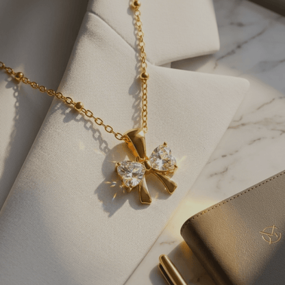 Crystal Bow Pendant Necklace | 18K PVD Gold - Plated Stainless Steel - ZI FASHION