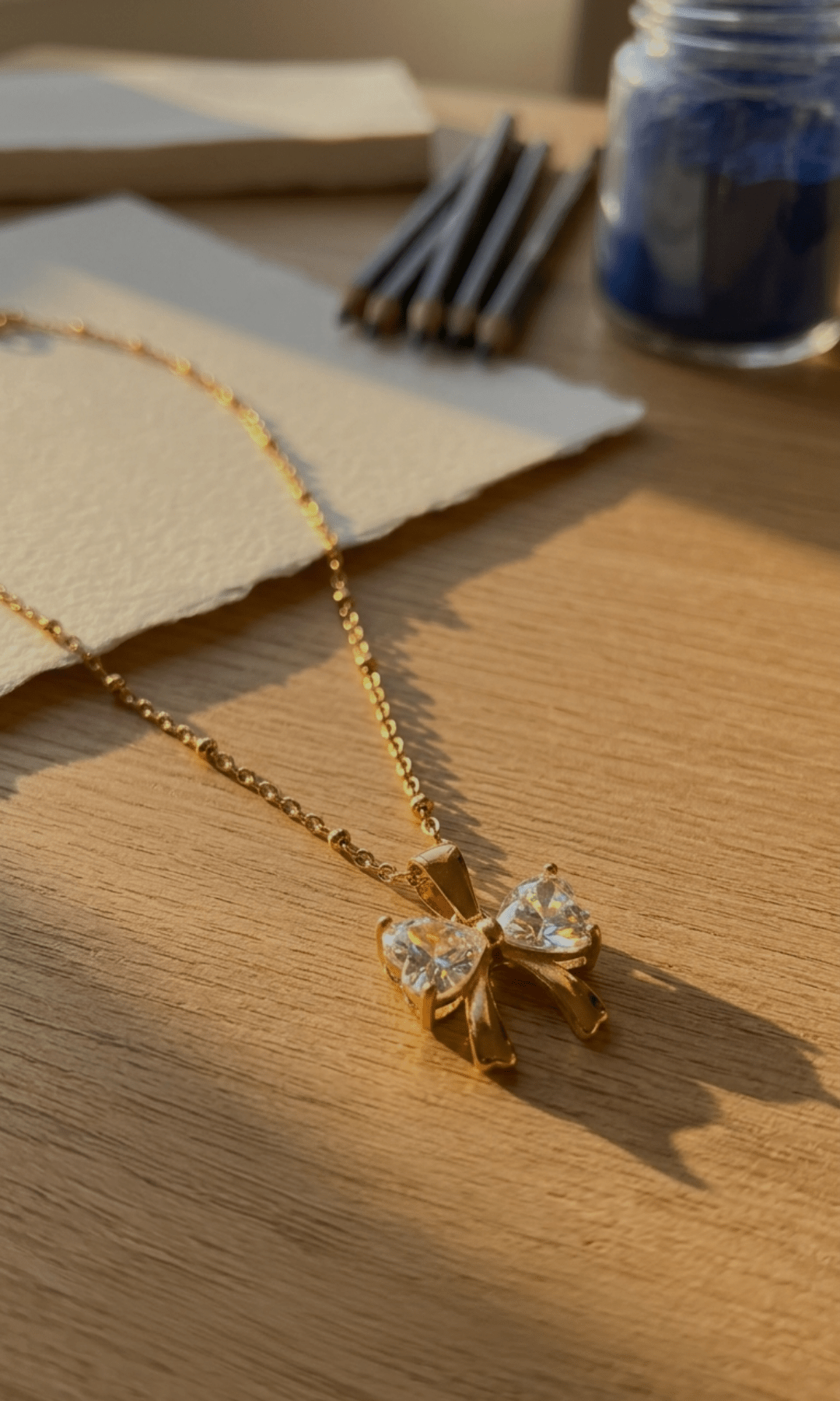 Crystal Bow Pendant Necklace | 18K PVD Gold - Plated Stainless Steel - ZI FASHION