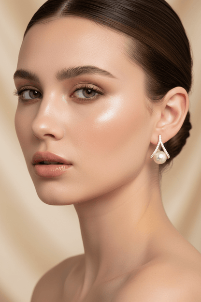 Crystal Triangle Pearl Stud Earrings | Gold V - Shape Zirconia & Pearl Earrings - ZI FASHION
