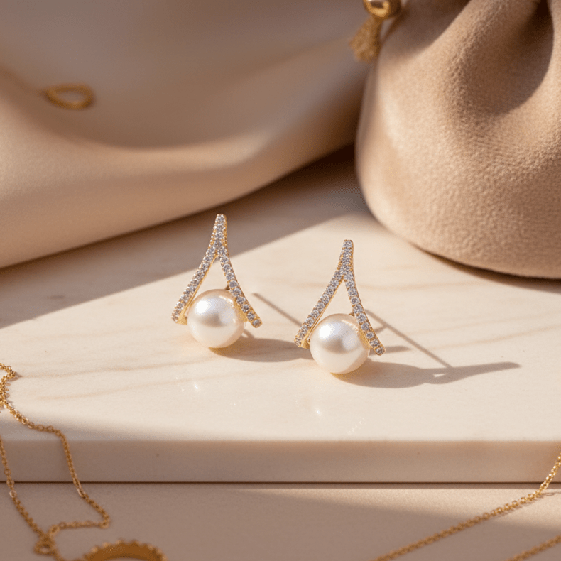 Crystal Triangle Pearl Stud Earrings | Gold V - Shape Zirconia & Pearl Earrings - ZI FASHION