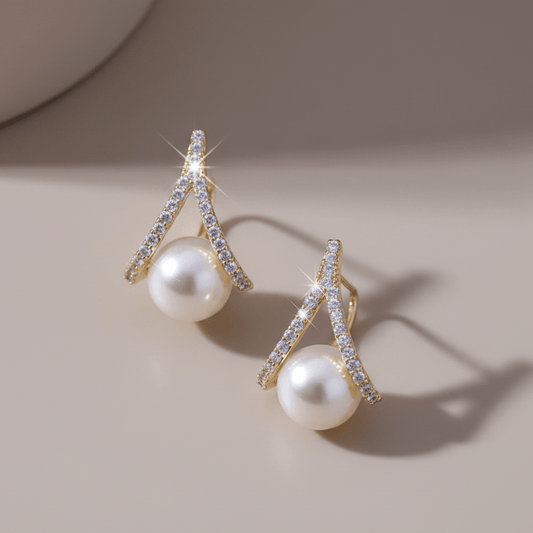Crystal Triangle Pearl Stud Earrings | Gold V - Shape Zirconia & Pearl Earrings - ZI FASHION