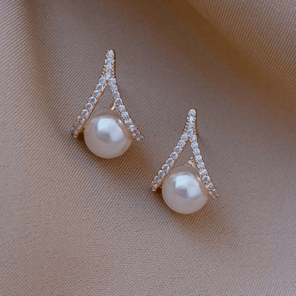 Crystal Triangle Pearl Stud Earrings | Gold V - Shape Zirconia & Pearl Earrings - ZI FASHION