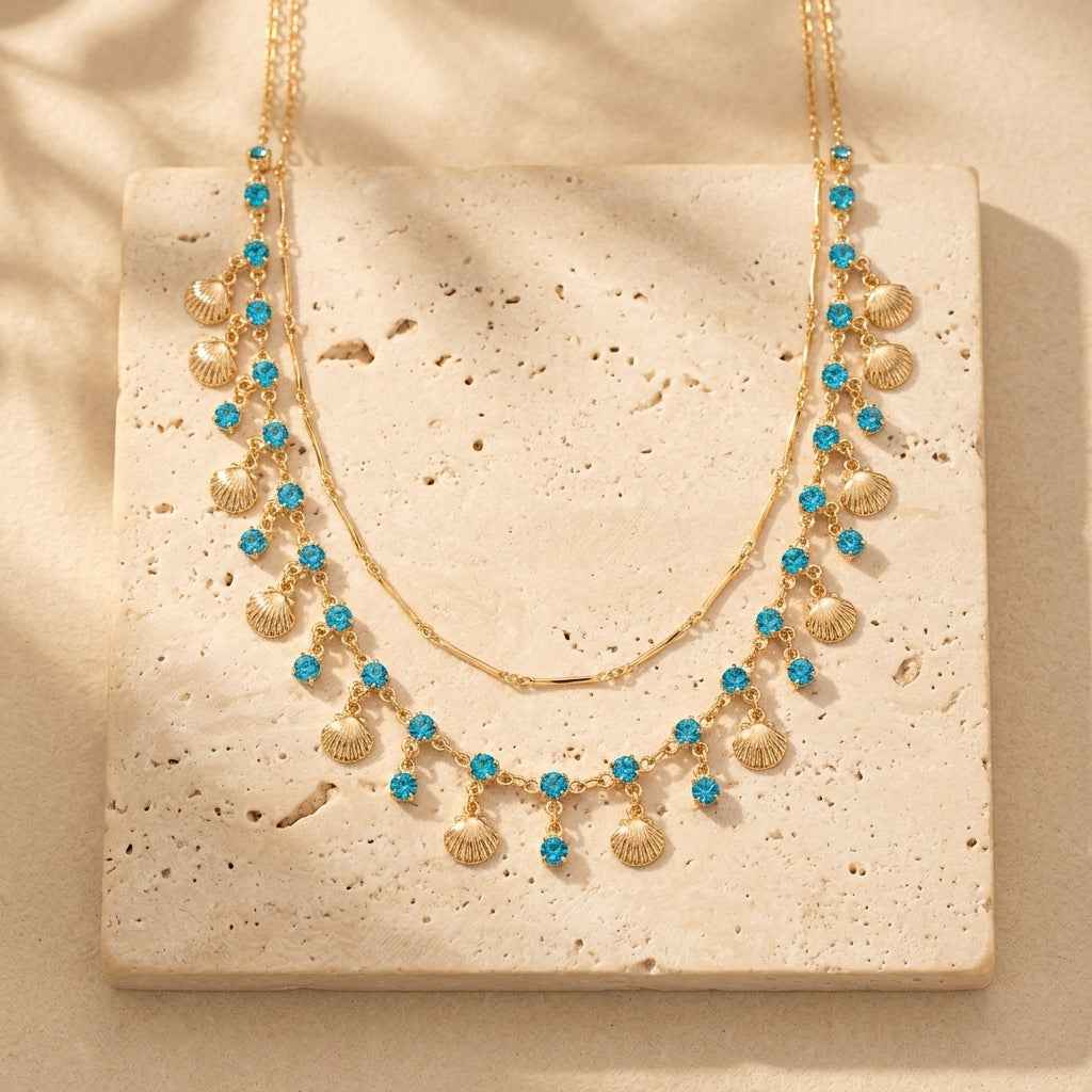 Daughter of the Sea — Blue Zircon & Gold Shell Tassel Layered Necklace | Light Luxury Ocean Clavicle Chain - ZI FASHION
