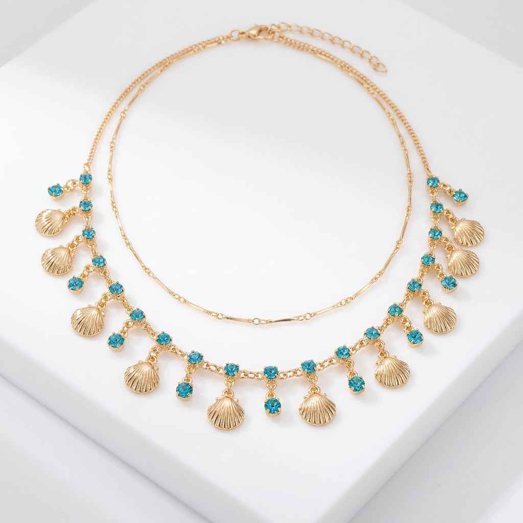 Daughter of the Sea — Blue Zircon & Gold Shell Tassel Layered Necklace | Light Luxury Ocean Clavicle Chain - ZI FASHION