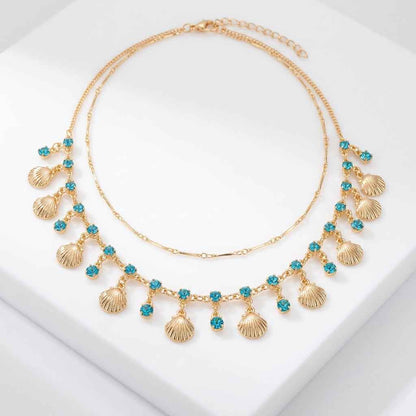 Daughter of the Sea — Blue Zircon & Gold Shell Tassel Layered Necklace | Light Luxury Ocean Clavicle Chain - ZI FASHION