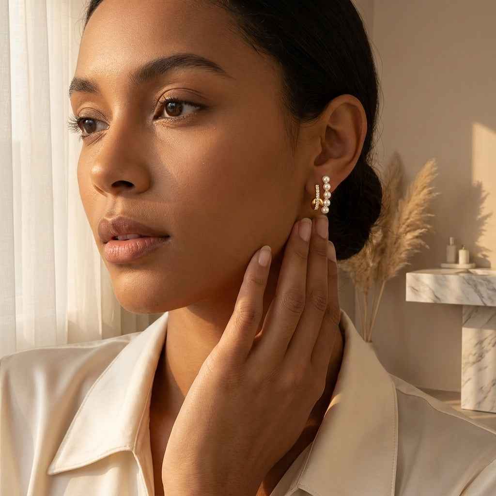 Double Bar Pearl & Crystal Ear Cuff Studs - ZI FASHION