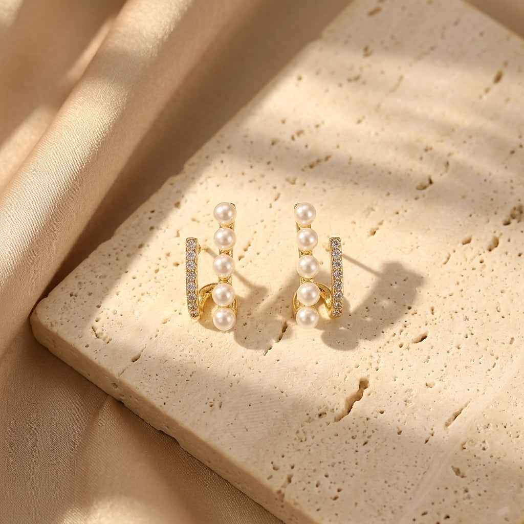 Double Bar Pearl & Crystal Ear Cuff Studs - ZI FASHION