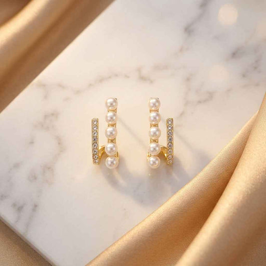 Double Bar Pearl & Crystal Ear Cuff Studs - ZI FASHION