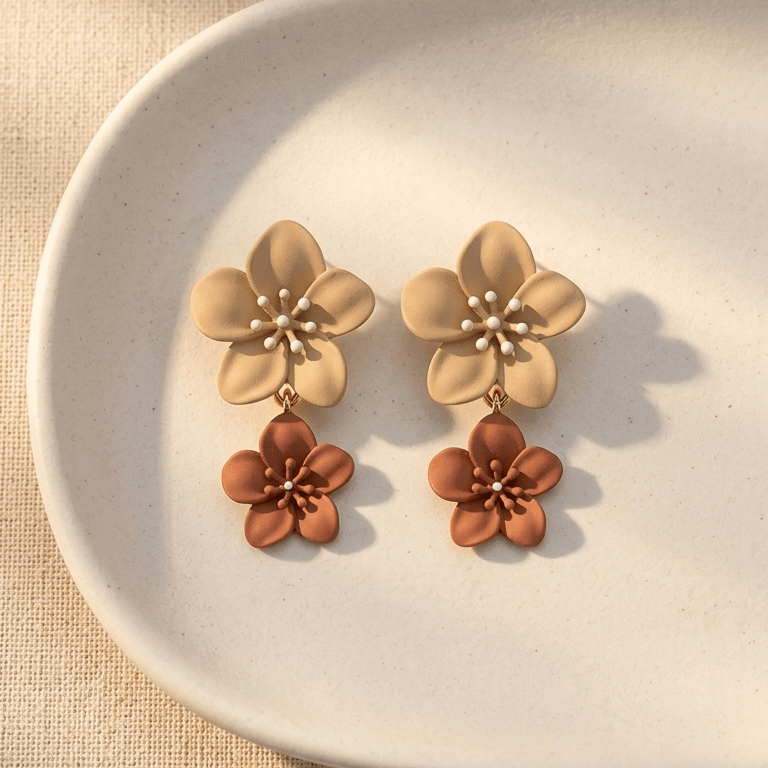 Double Blossom Flower Drop Earrings | Khaki & Brown Matte - ZI FASHION