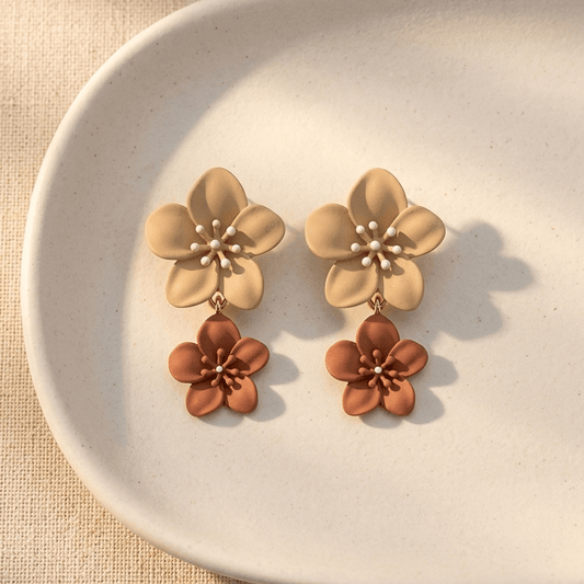 Double Blossom Flower Drop Earrings | Khaki & Brown Matte - ZI FASHION