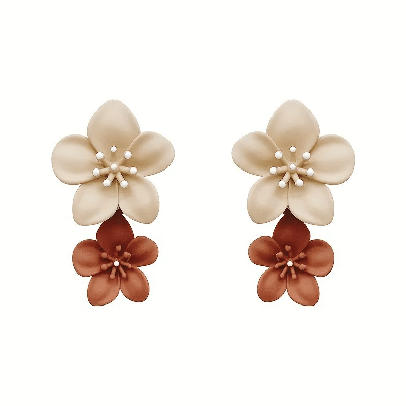 Double Blossom Flower Drop Earrings | Khaki & Brown Matte - ZI FASHION