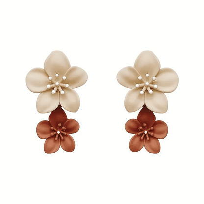 Double Blossom Flower Drop Earrings | Khaki & Brown Matte - ZI FASHION