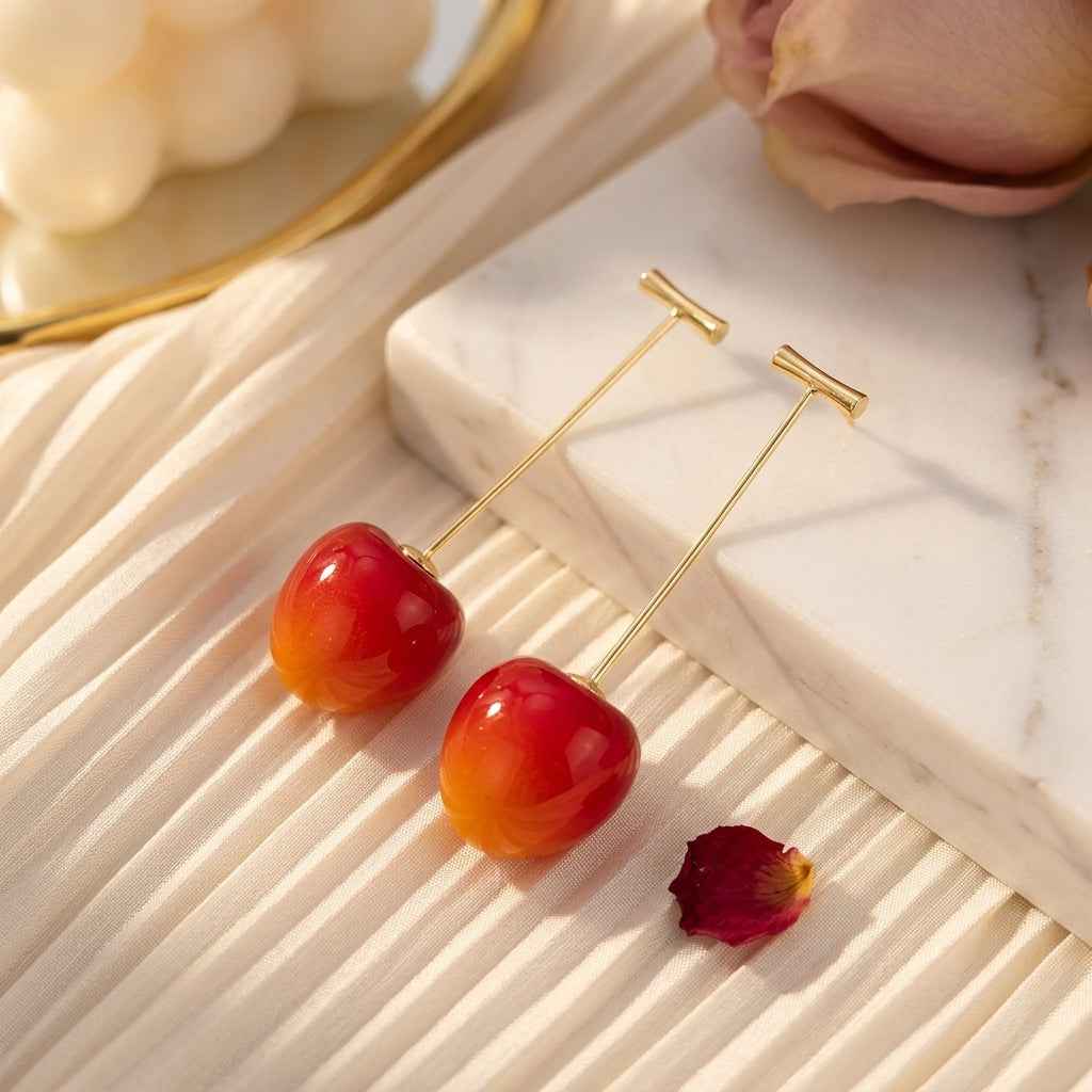 Double Cherry Drop Earrings — Gold Wire Stem - ZI FASHION