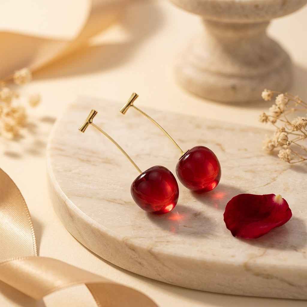 Double Cherry Drop Earrings — Gold Wire Stem - ZI FASHION