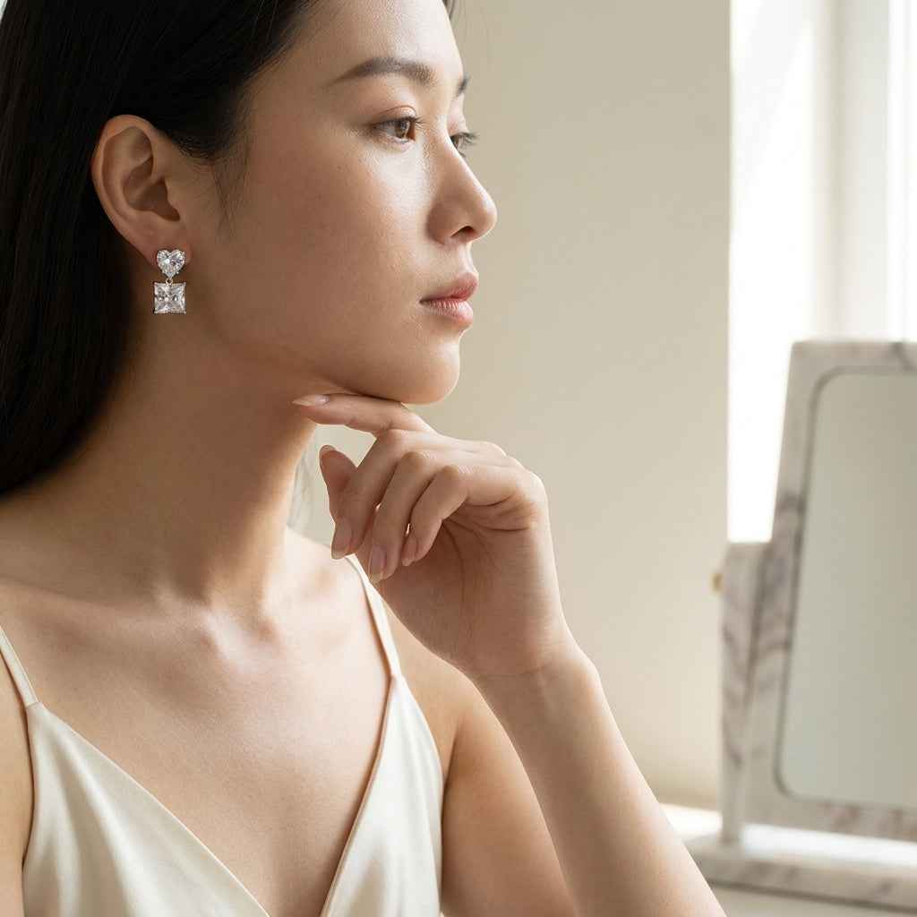 Double Square Crystal Drop Stud Earrings — Silver Tone - ZI FASHION