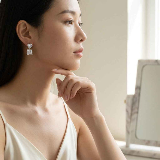 Double Square Crystal Drop Stud Earrings — Silver Tone - ZI FASHION