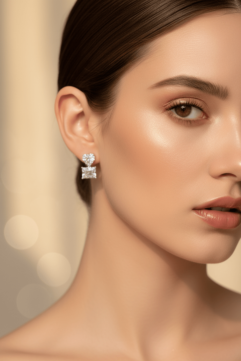 Double Square Crystal Drop Stud Earrings — Silver Tone - ZI FASHION