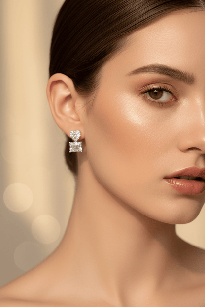 Double Square Crystal Drop Stud Earrings — Silver Tone - ZI FASHION