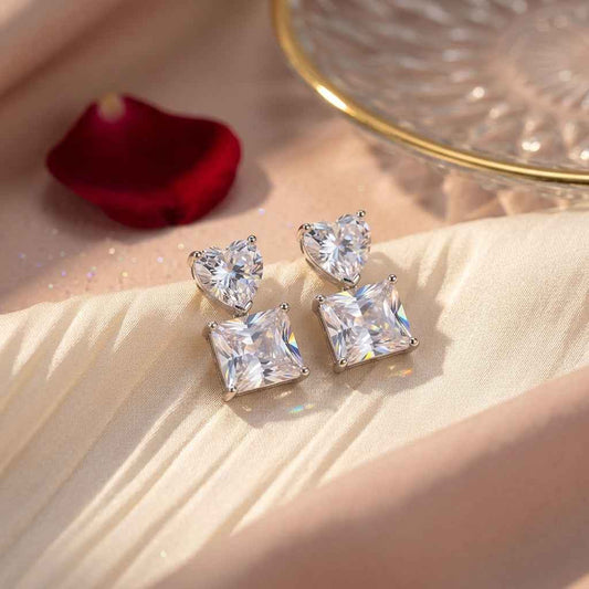 Double Square Crystal Drop Stud Earrings — Silver Tone - ZI FASHION