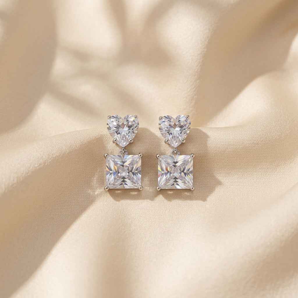 Double Square Crystal Drop Stud Earrings — Silver Tone - ZI FASHION