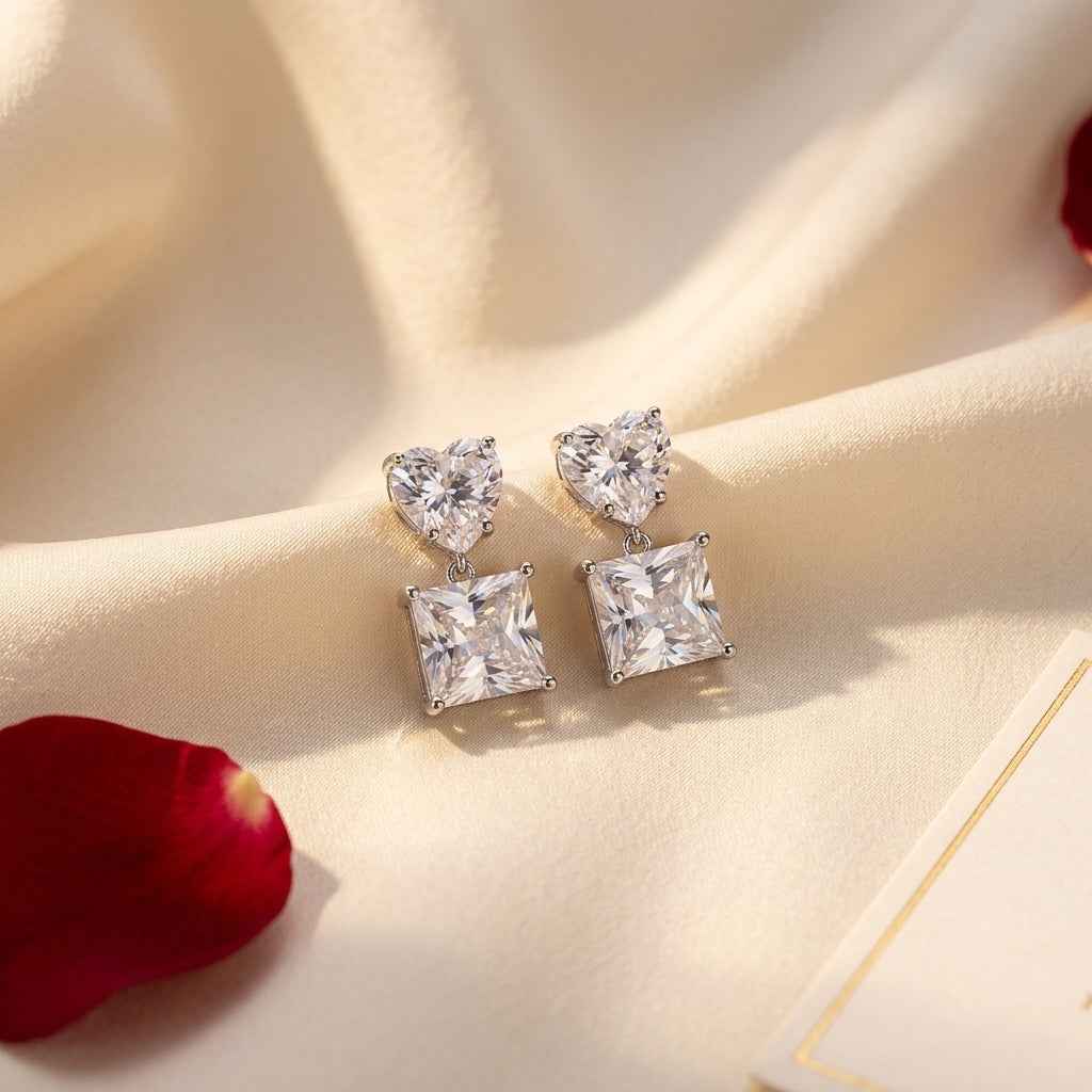 Double Square Crystal Drop Stud Earrings — Silver Tone - ZI FASHION