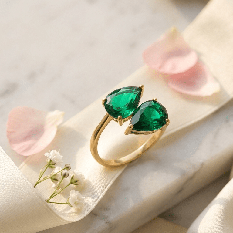 Emerald Dreams Toi et Moi Adjustable Ring | 18K PVD Gold - Plated Stainless Steel - ZI FASHION