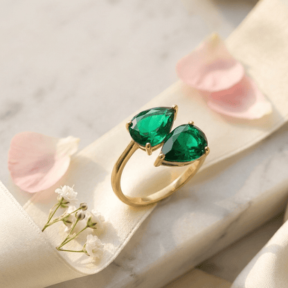 Emerald Dreams Toi et Moi Adjustable Ring | 18K PVD Gold - Plated Stainless Steel - ZI FASHION