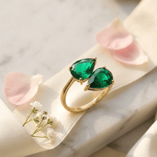 Emerald Dreams Toi et Moi Adjustable Ring | 18K PVD Gold - Plated Stainless Steel - ZI FASHION
