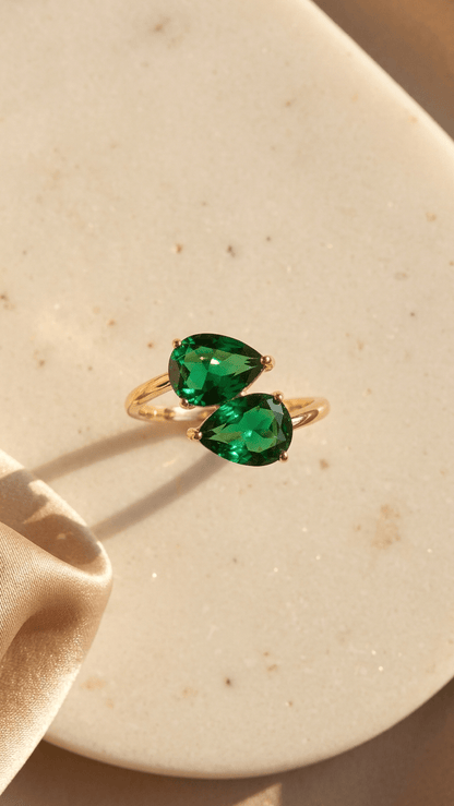 Emerald Dreams Toi et Moi Adjustable Ring | 18K PVD Gold - Plated Stainless Steel - ZI FASHION