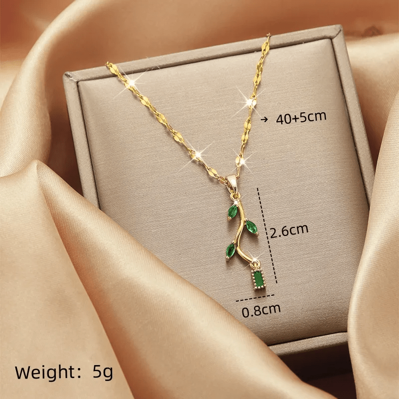 Emerald Green Leaf Branch Pendant Necklace | Gold Nature - Inspired Jade Crystal Necklace - ZI FASHION