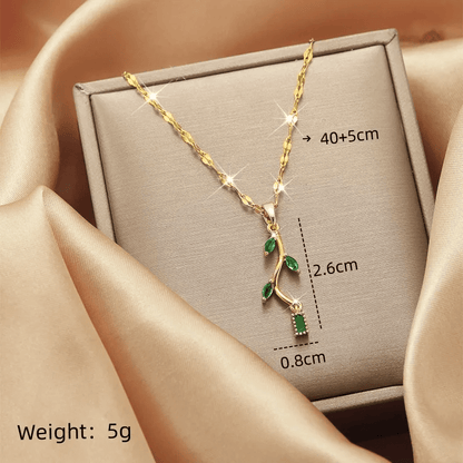 Emerald Green Leaf Branch Pendant Necklace | Gold Nature - Inspired Jade Crystal Necklace - ZI FASHION