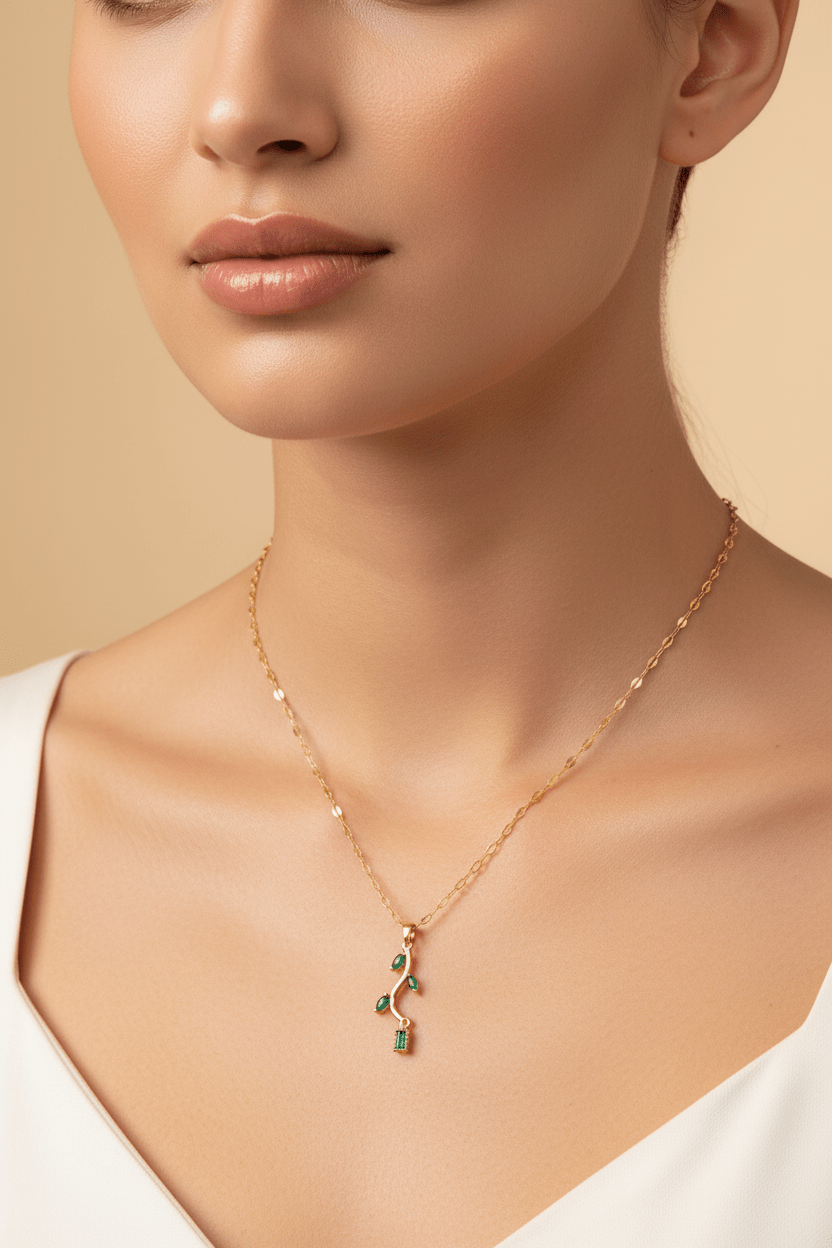 Emerald Green Leaf Branch Pendant Necklace | Gold Nature - Inspired Jade Crystal Necklace - ZI FASHION