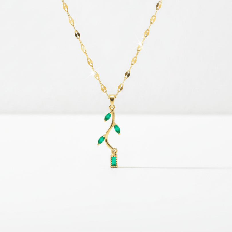 Emerald Green Leaf Branch Pendant Necklace | Gold Nature - Inspired Jade Crystal Necklace - ZI FASHION