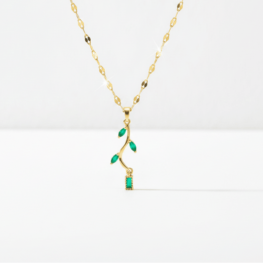 Emerald Green Leaf Branch Pendant Necklace | Gold Nature - Inspired Jade Crystal Necklace - ZI FASHION